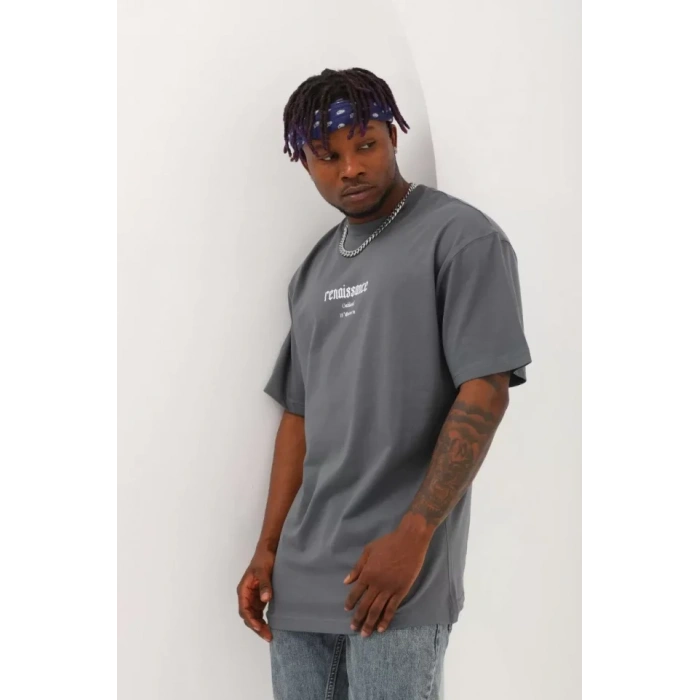 Unisex Oversize Baskılı Bisiklet Yaka T-Shirt - Füme