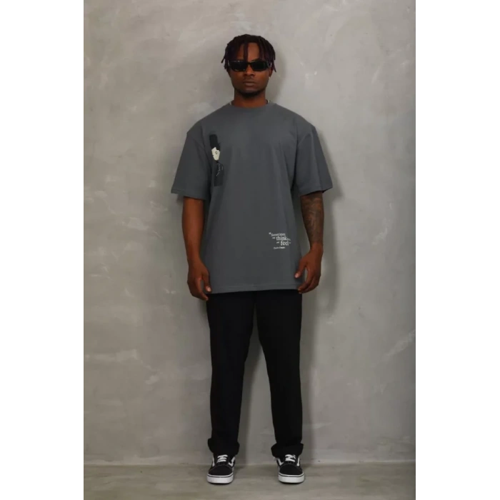 Unisex Oversize Baskılı Bisiklet Yaka T-Shirt - Füme