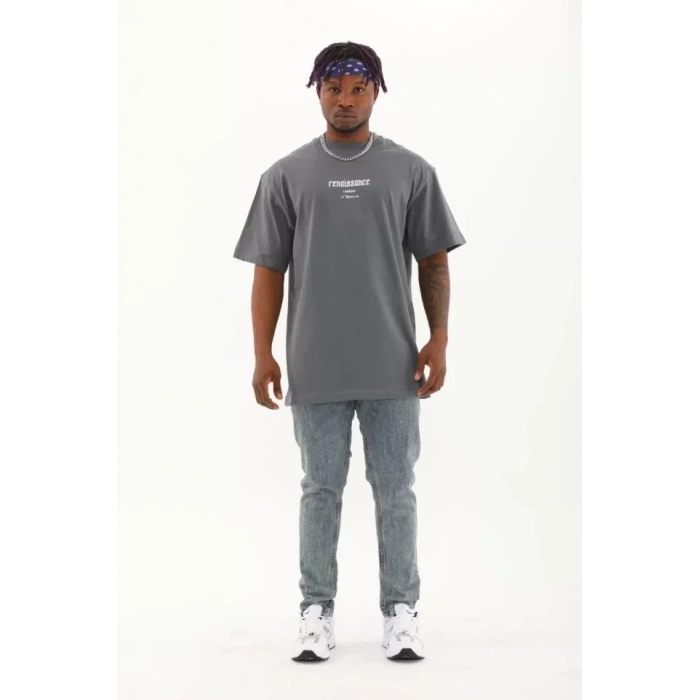 Unisex Oversize Baskılı Bisiklet Yaka T-Shirt - Füme