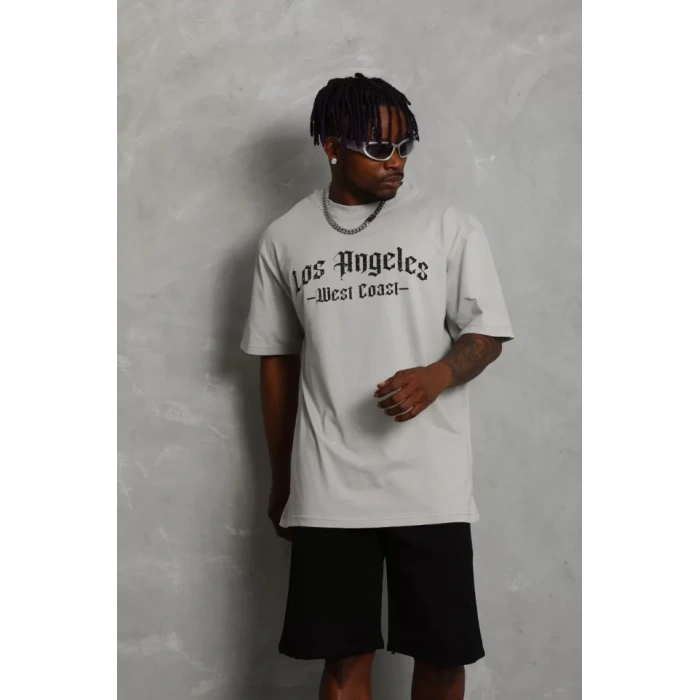 Unisex Oversize Baskılı Bisiklet Yaka T-Shirt - Gri