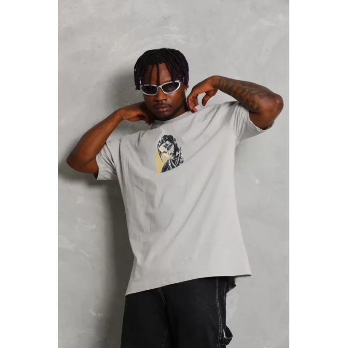 Unisex Oversize Baskılı Bisiklet Yaka T-Shirt - Gri