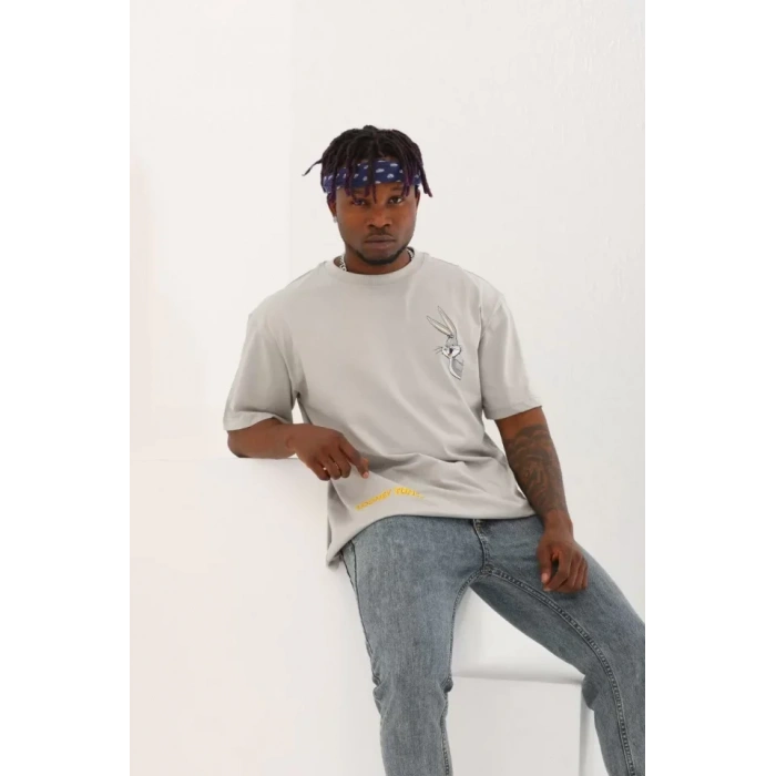 Unisex Oversize Baskılı Bisiklet Yaka T-Shirt - Gri