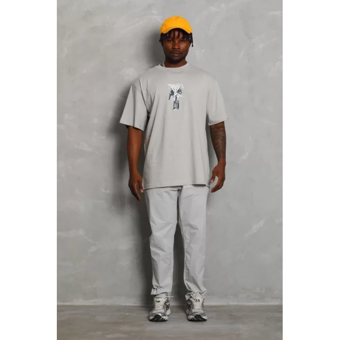 Unisex Oversize Baskılı Bisiklet Yaka T-Shirt - Gri