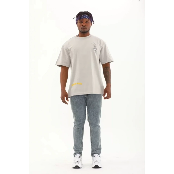 Unisex Oversize Baskılı Bisiklet Yaka T-Shirt - Gri