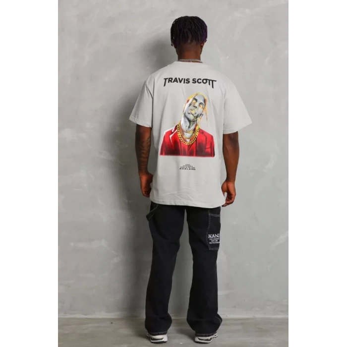 Unisex Oversize Baskılı Bisiklet Yaka T-Shirt - Gri