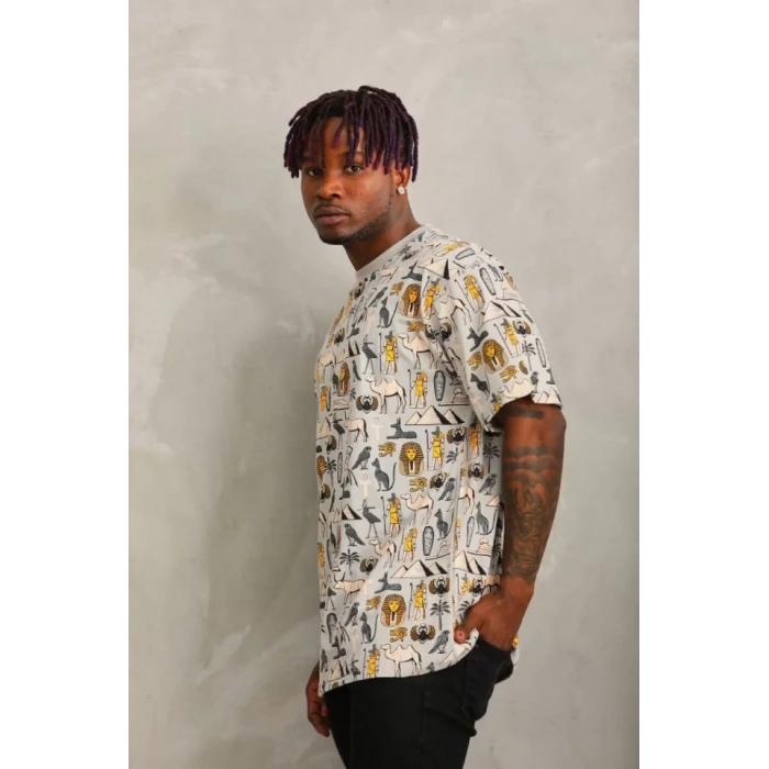 Unisex Oversize Baskılı Bisiklet Yaka T-Shirt - Gri