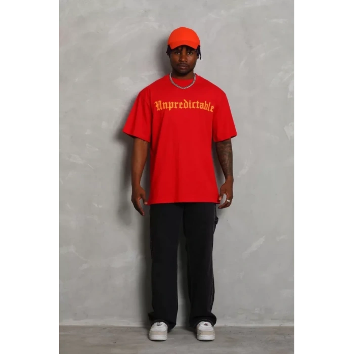 Unisex Oversize Baskılı Bisiklet Yaka T-Shirt - Kırmızı