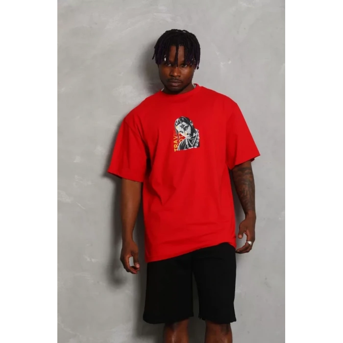 Unisex Oversize Baskılı Bisiklet Yaka T-Shirt - Kırmızı