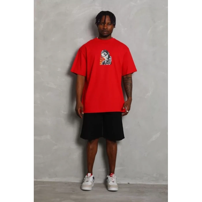 Unisex Oversize Baskılı Bisiklet Yaka T-Shirt - Kırmızı