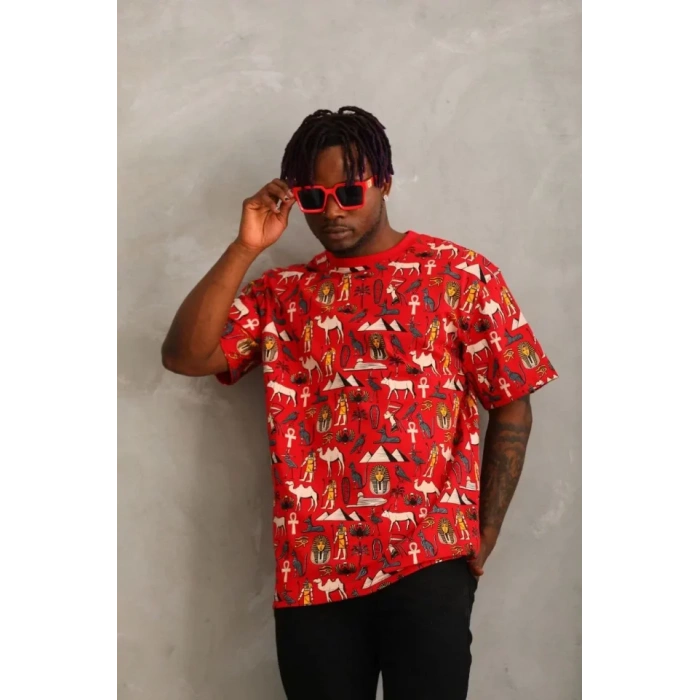 Unisex Oversize Baskılı Bisiklet Yaka T-Shirt - Kırmızı