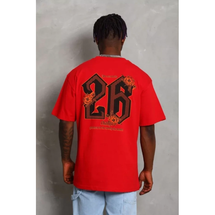 Unisex Oversize Baskılı Bisiklet Yaka T-Shirt - Kırmızı