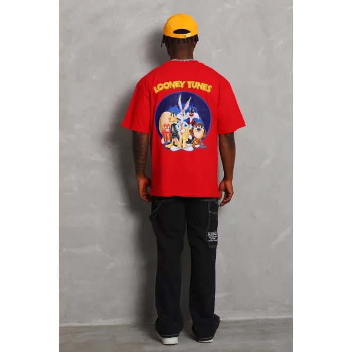 Unisex Oversize Baskılı Bisiklet Yaka T-Shirt - Kırmızı