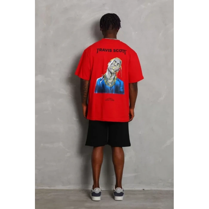 Unisex Oversize Baskılı Bisiklet Yaka T-Shirt - Kırmızı