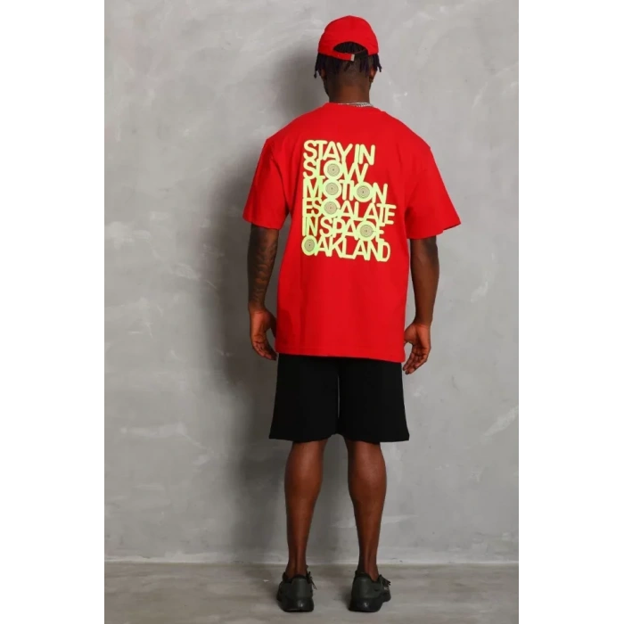 Unisex Oversize Baskılı Bisiklet Yaka T-Shirt - Kırmızı