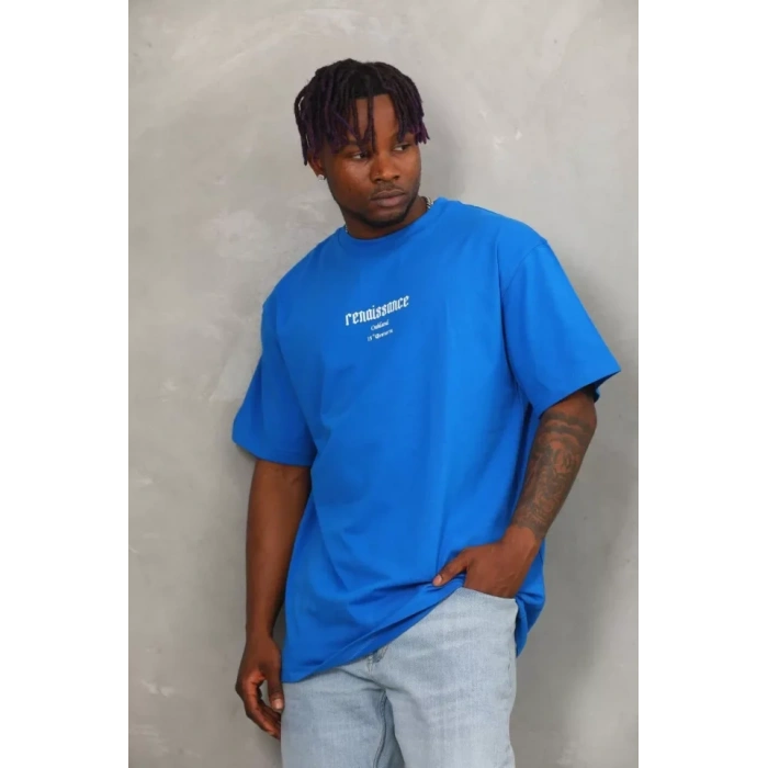 Unisex Oversize Baskılı Bisiklet Yaka T-Shirt - Mavi