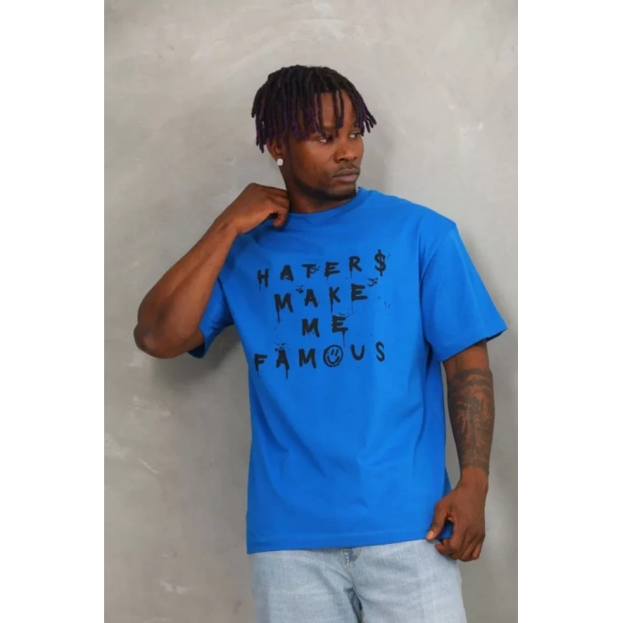 Unisex Oversize Baskılı Bisiklet Yaka T-Shirt - Mavi