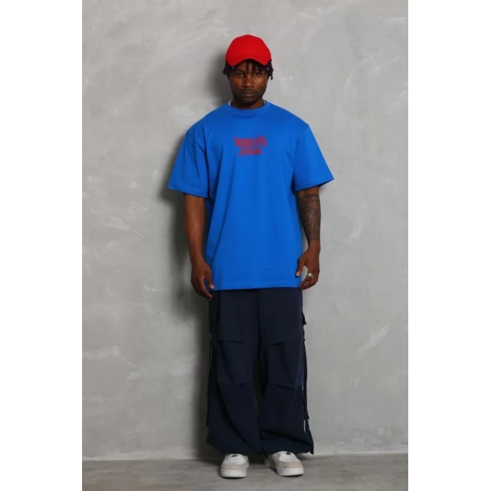 Unisex Oversize Baskılı Bisiklet Yaka T-Shirt - Mavi