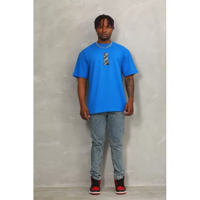 Unisex Oversize Baskılı Bisiklet Yaka T-Shirt - Mavi