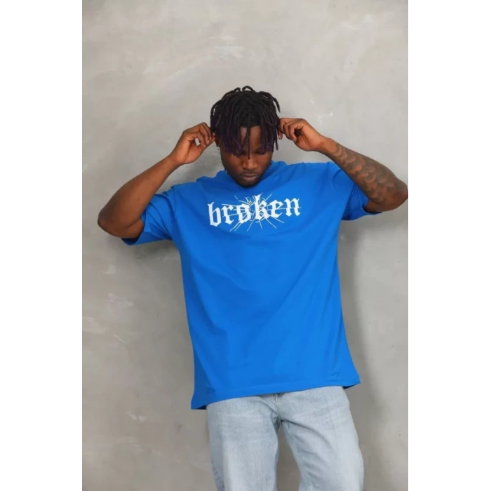 Unisex Oversize Baskılı Bisiklet Yaka T-Shirt - Mavi