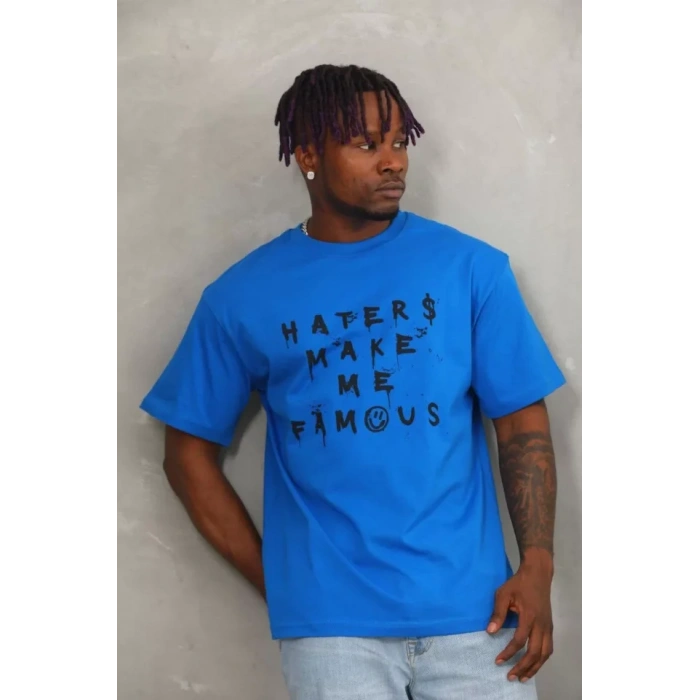 Unisex Oversize Baskılı Bisiklet Yaka T-Shirt - Mavi