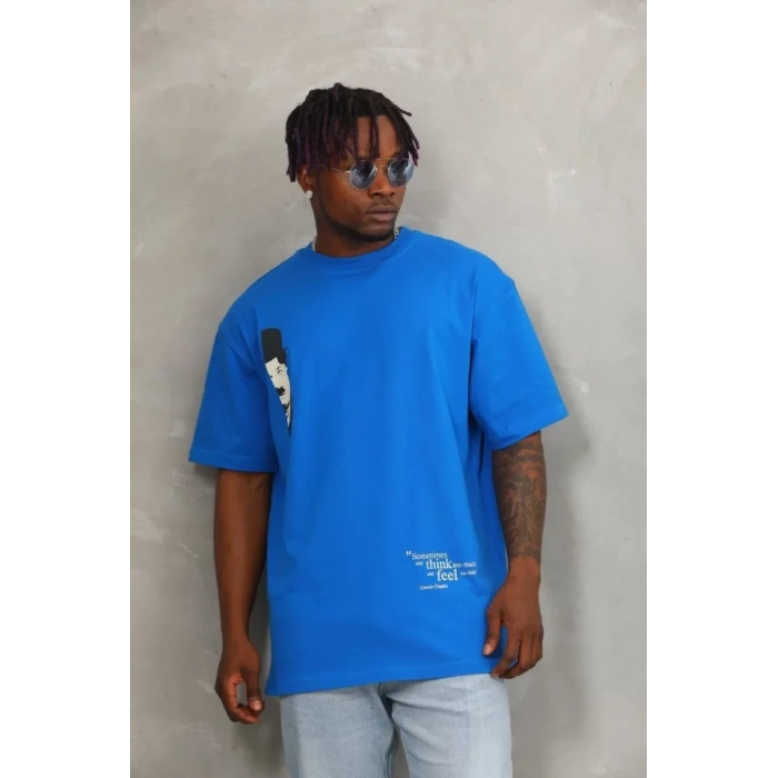 Unisex Oversize Baskılı Bisiklet Yaka T-Shirt - Mavi