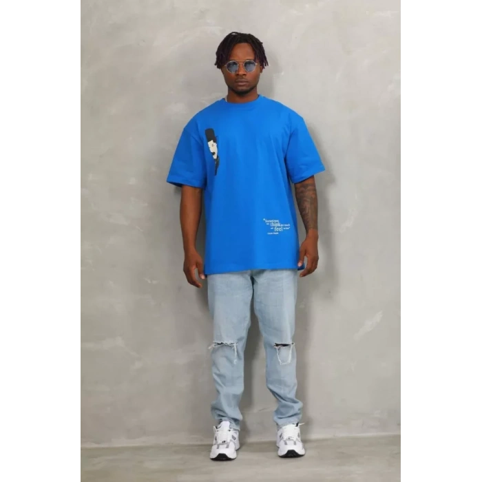 Unisex Oversize Baskılı Bisiklet Yaka T-Shirt - Mavi