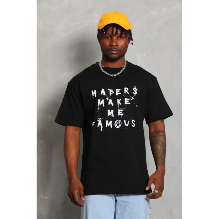 Unisex Oversize Baskılı Bisiklet Yaka T-Shirt - Siyah