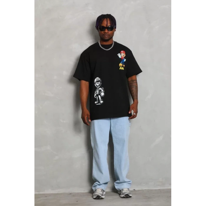 Unisex Oversize Baskılı Bisiklet Yaka T-Shirt - Siyah