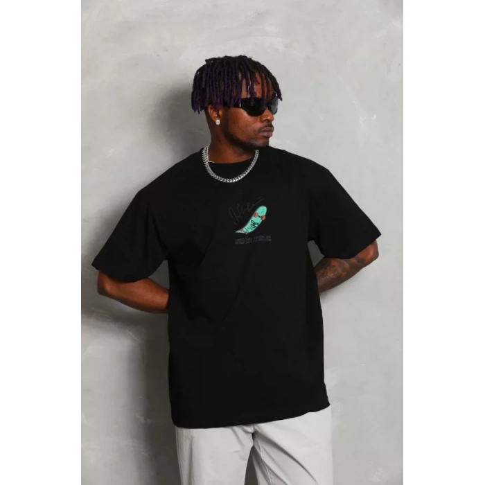 Unisex Oversize Baskılı Bisiklet Yaka T-Shirt - Siyah