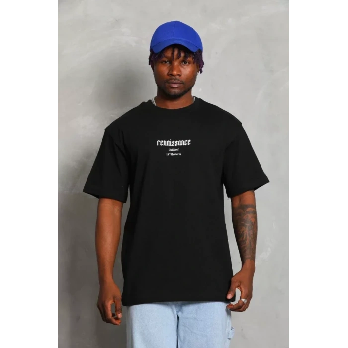 Unisex Oversize Baskılı Bisiklet Yaka T-Shirt - Siyah