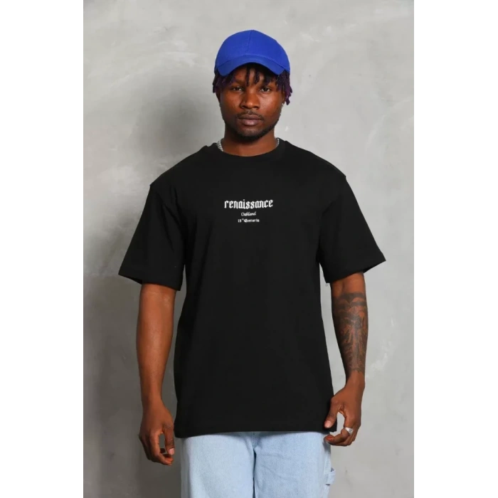 Unisex Oversize Baskılı Bisiklet Yaka T-Shirt - Siyah