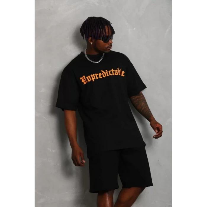 Unisex Oversize Baskılı Bisiklet Yaka T-Shirt - Siyah