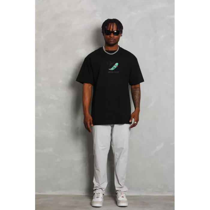 Unisex Oversize Baskılı Bisiklet Yaka T-Shirt - Siyah