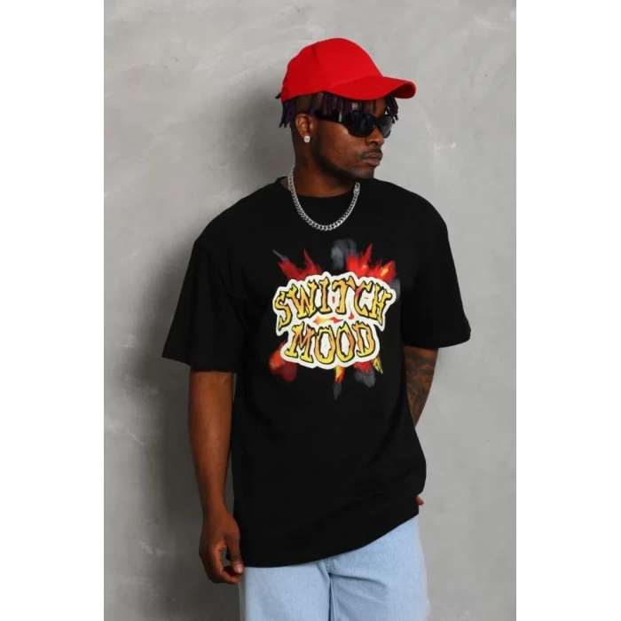 Unisex Oversize Baskılı Bisiklet Yaka T-Shirt - Siyah