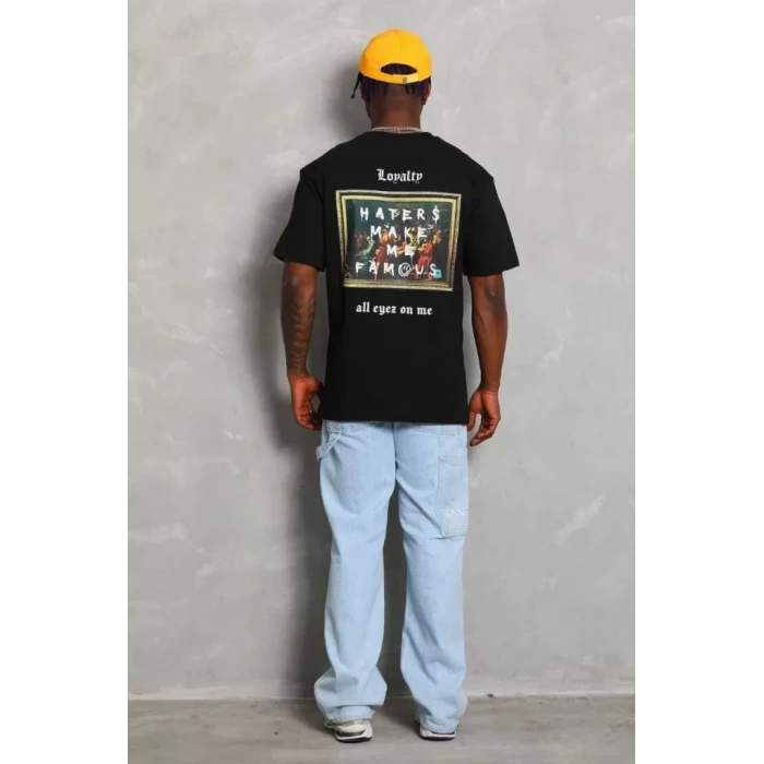 Unisex Oversize Baskılı Bisiklet Yaka T-Shirt - Siyah