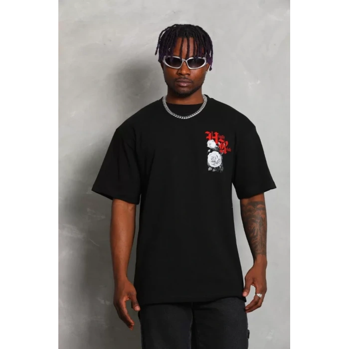 Unisex Oversize Baskılı Bisiklet Yaka T-Shirt - Siyah