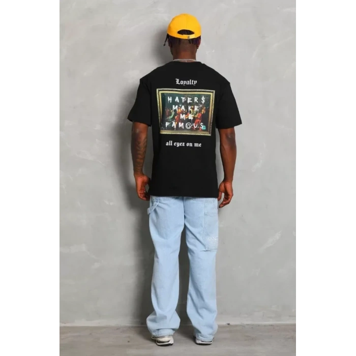 Unisex Oversize Baskılı Bisiklet Yaka T-Shirt - Siyah