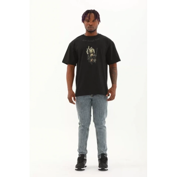 Unisex Oversize Baskılı Bisiklet Yaka T-Shirt - Siyah