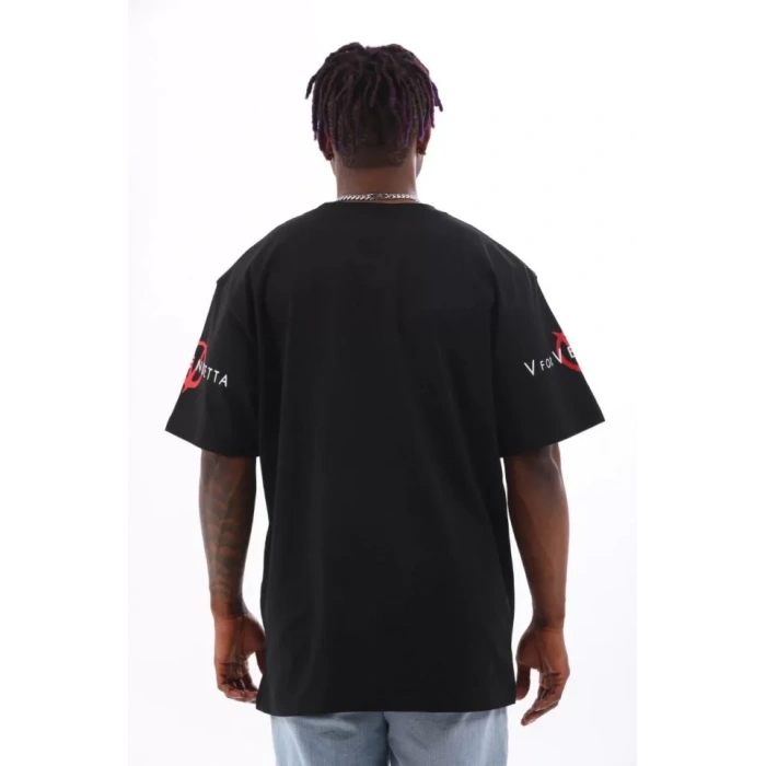 Unisex Oversize Baskılı Bisiklet Yaka T-Shirt - Siyah