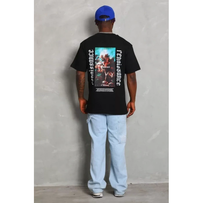 Unisex Oversize Baskılı Bisiklet Yaka T-Shirt - Siyah