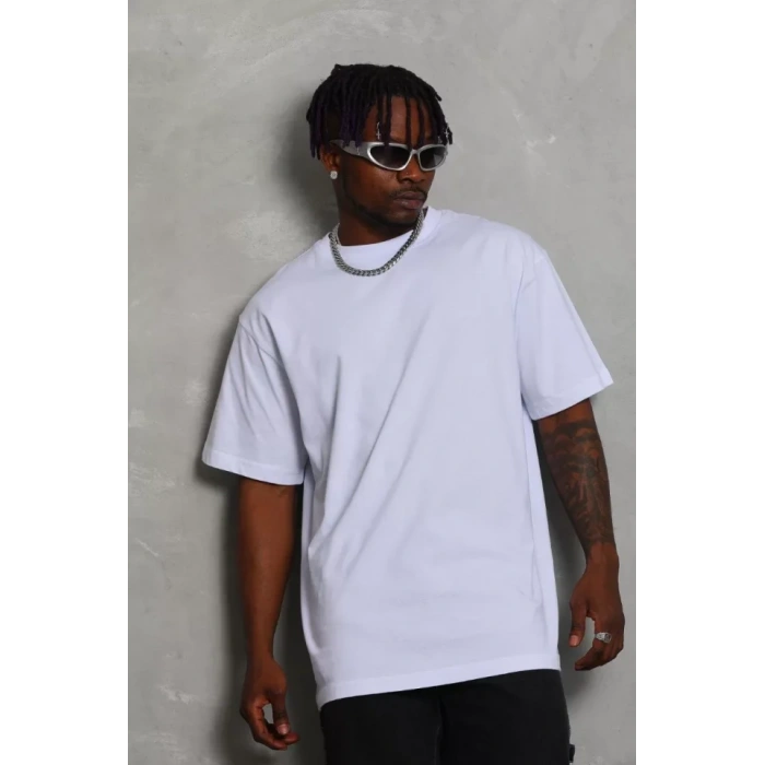 Unisex Oversize Düz Bisiklet Yaka T-Shirt - Beyaz