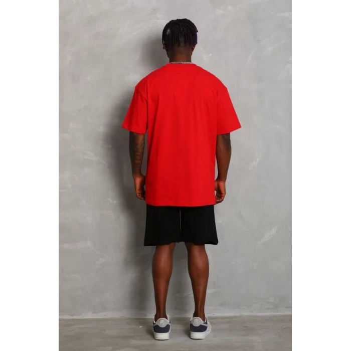 Unisex Oversize Düz Bisiklet Yaka T-Shirt - Kırmızı