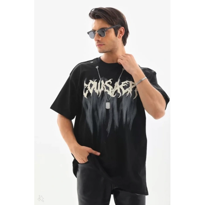 Unisex Oversize Kolye Dahil T-Shirt - Siyah