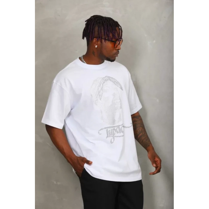 Unisex Oversize Taşlı Bisiklet Yaka T-Shirt - Beyaz