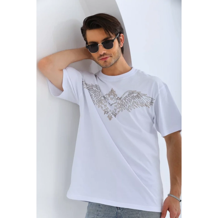 Unisex Oversize Taşlı Bisiklet Yaka T-Shirt - Beyaz