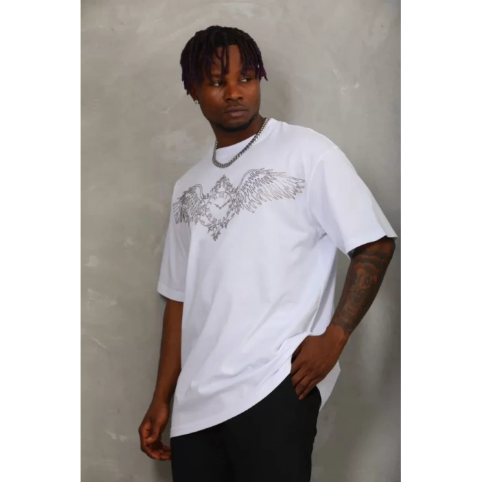 Unisex Oversize Taşlı Bisiklet Yaka T-Shirt - Beyaz
