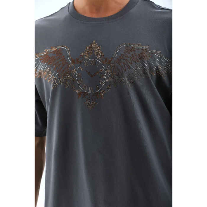 Unisex Oversize Taşlı Bisiklet Yaka T-Shirt - Füme