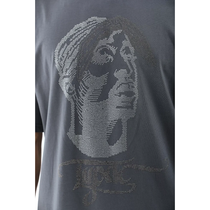 Unisex Oversize Taşlı Bisiklet Yaka T-Shirt - Füme