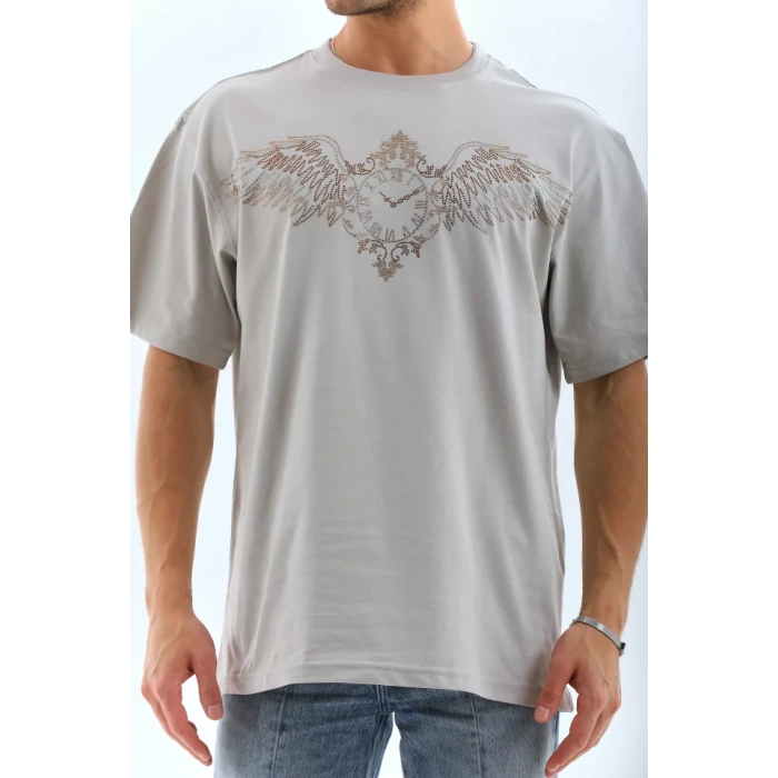 Unisex Oversize Taşlı Bisiklet Yaka T-Shirt - Gri