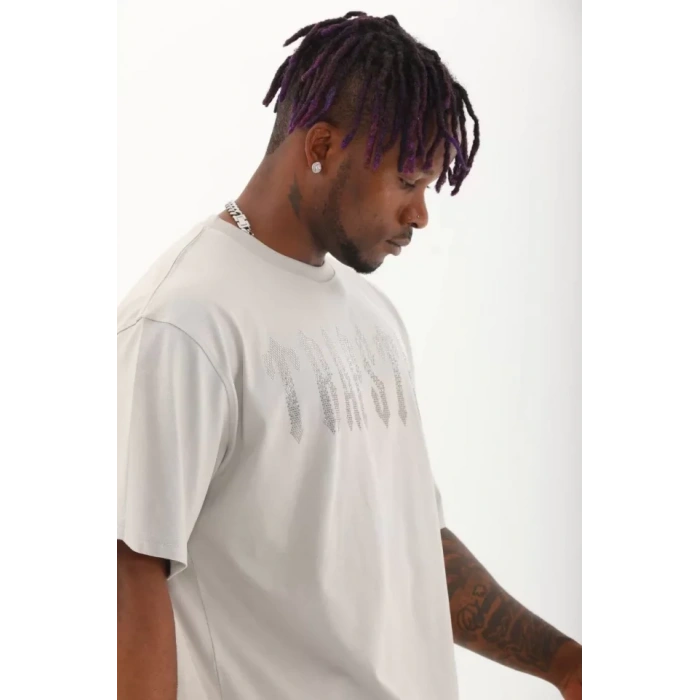 Unisex Oversize Taşlı Bisiklet Yaka T-Shirt - Gri